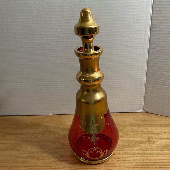 Bohemian Czech Ruby Red Gold Gilt Crystal Decanter & 4 Glasses Enamel Flowers - Picture 4 of 15